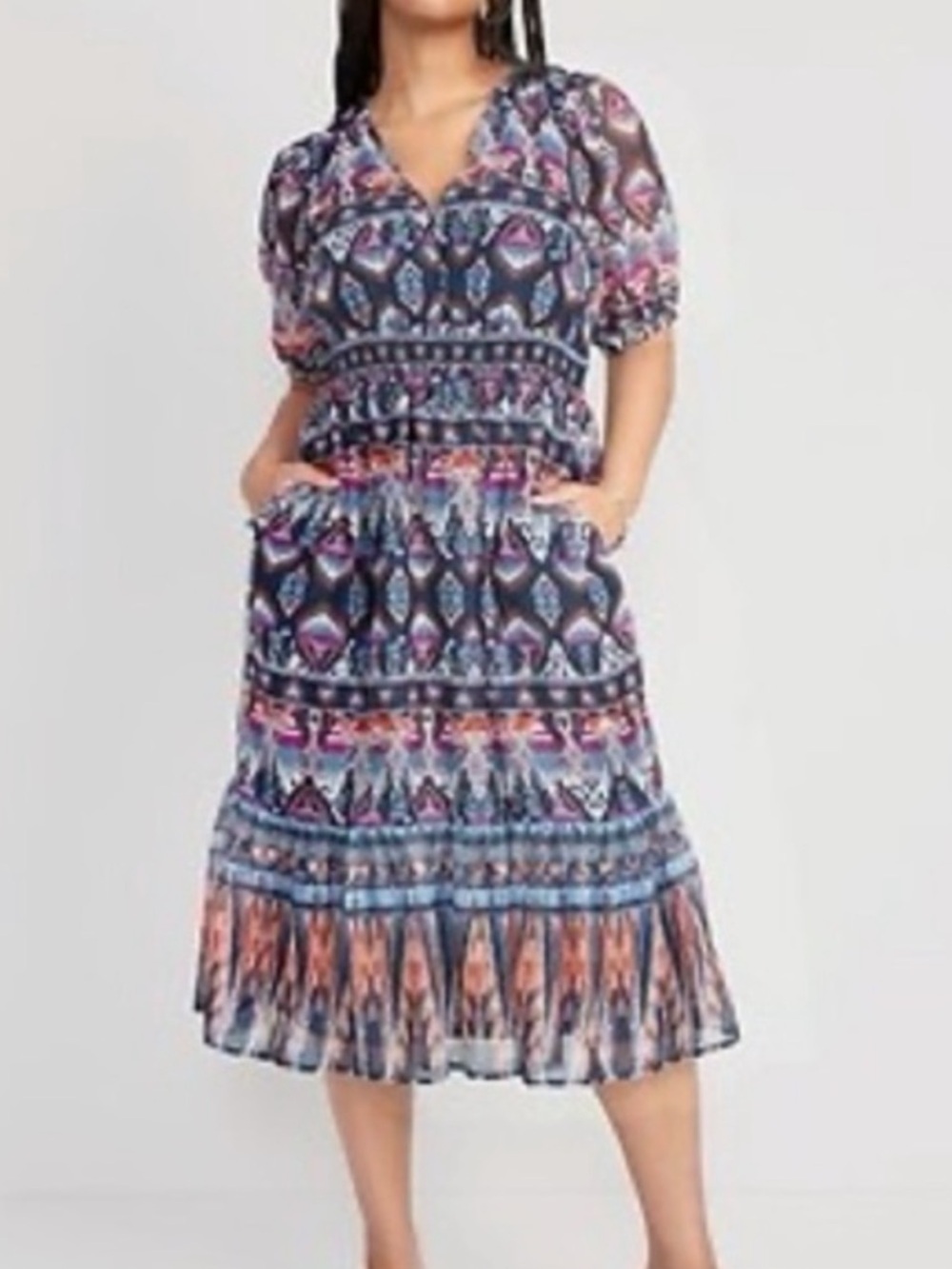 Old Navy NWT Blue Multi Printed Midi Dress with Puff Sleeves and POCKETS! Sz L